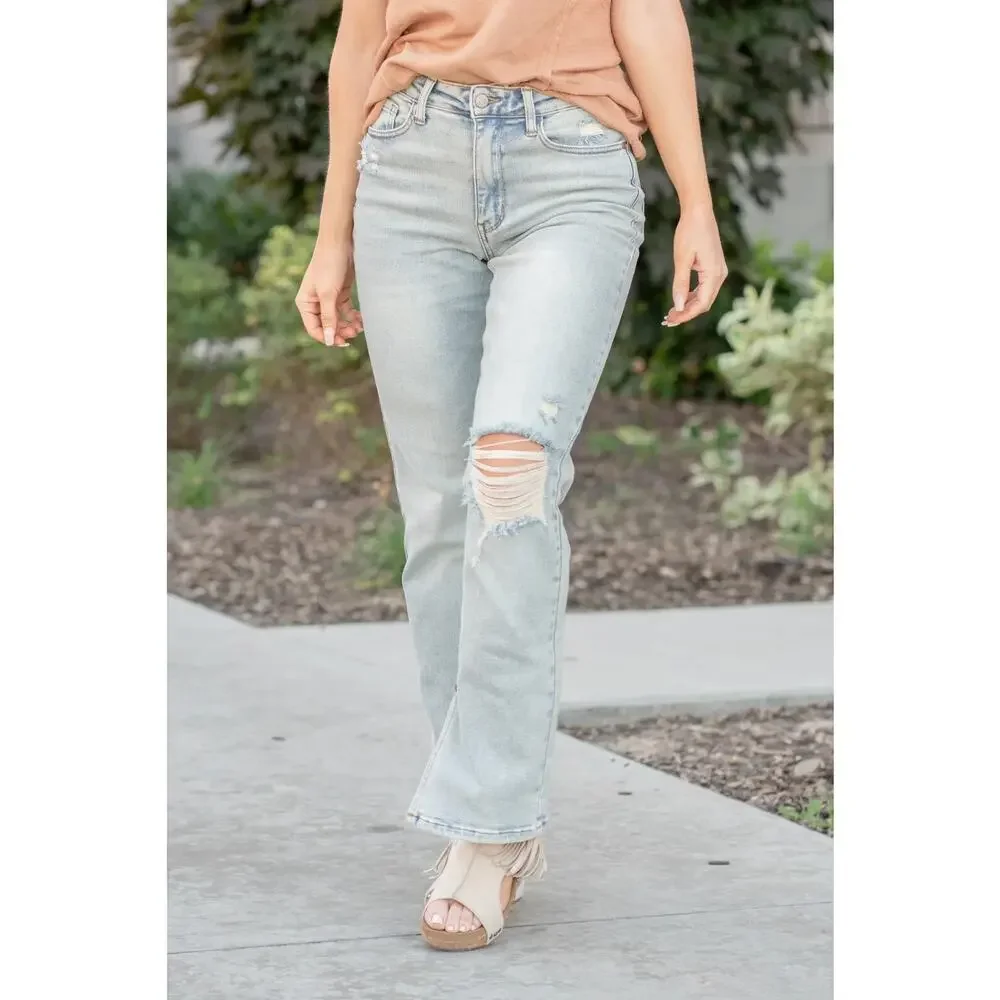 Judy Blue Adrian High Rise Straight Leg Jeans Distressed Slit Hem Size 11 30 - Picture 1 of 16